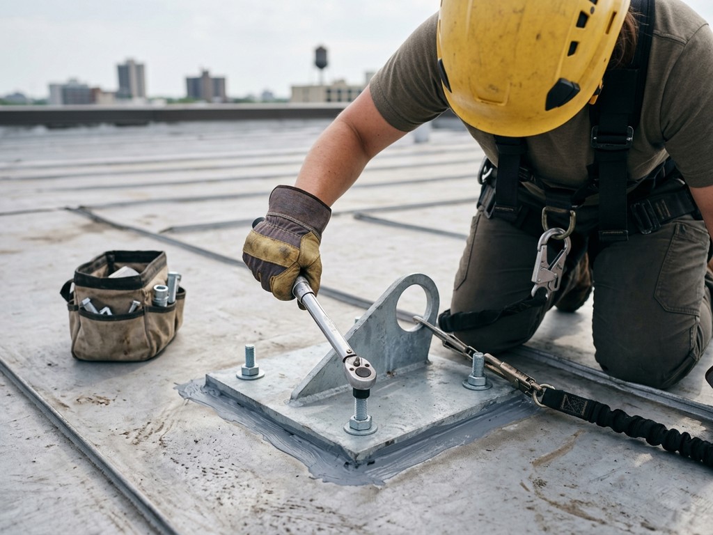 Técnico verificando sustrato y anclaje en cubierta metálica para trabajo en altura